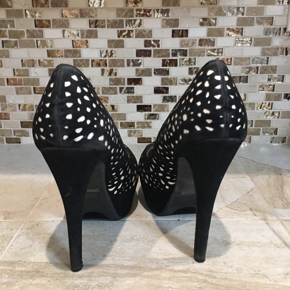 Layered Faux Black Suede Netting overlay. 5”Heels - Picture 2 of 6